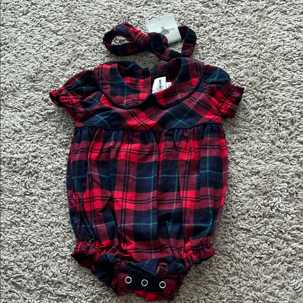 Rare Editions Red & Blue Green Plaid Holiday Onesie with Bow